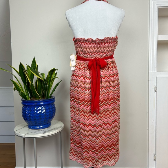 NWT! Sleeveless Silk Halter Dress Red Pink Chevron Print - Picture 8 of 11